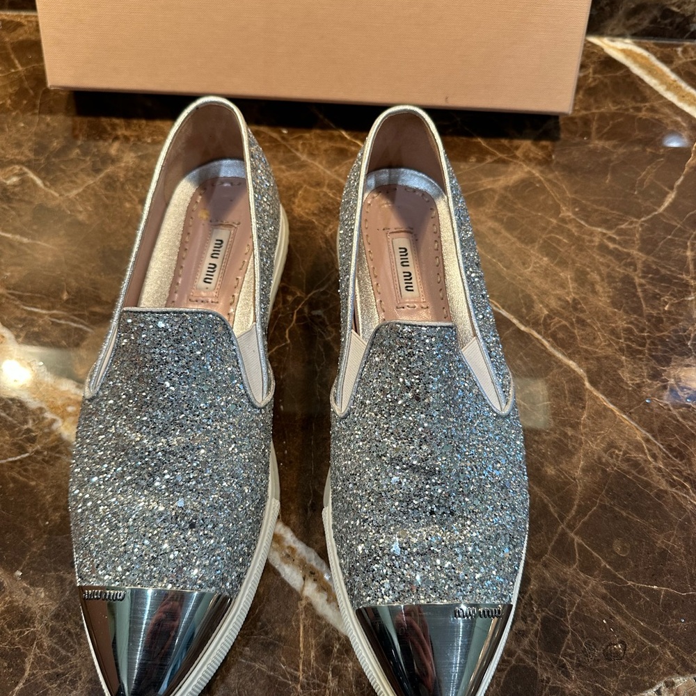 Miu Miu Silver Glitter Slip-On Shoes